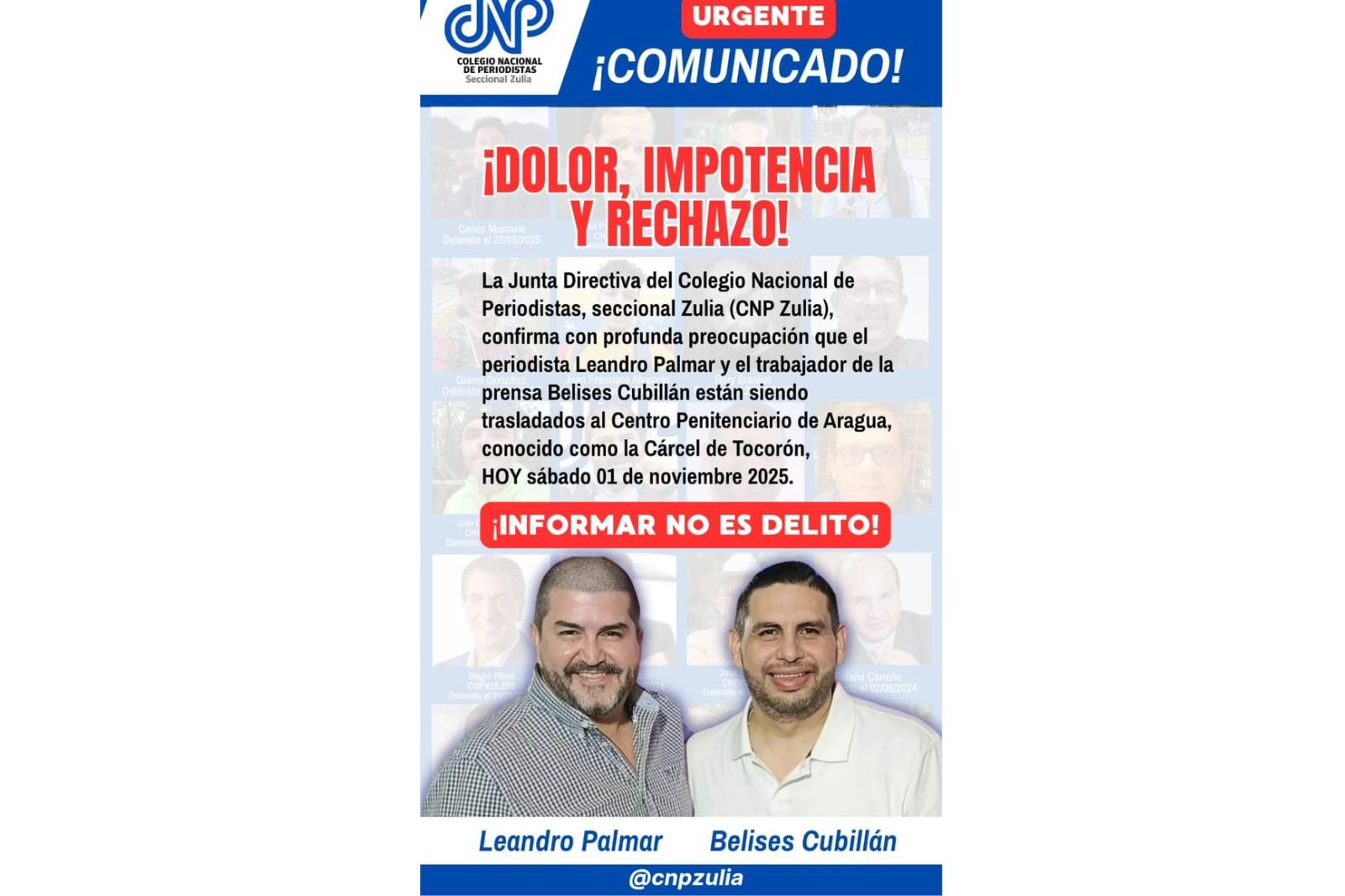 El CNP denunció el traslado de Leandro Palmar y Belices Cubillán a la cárcel de Tocorón