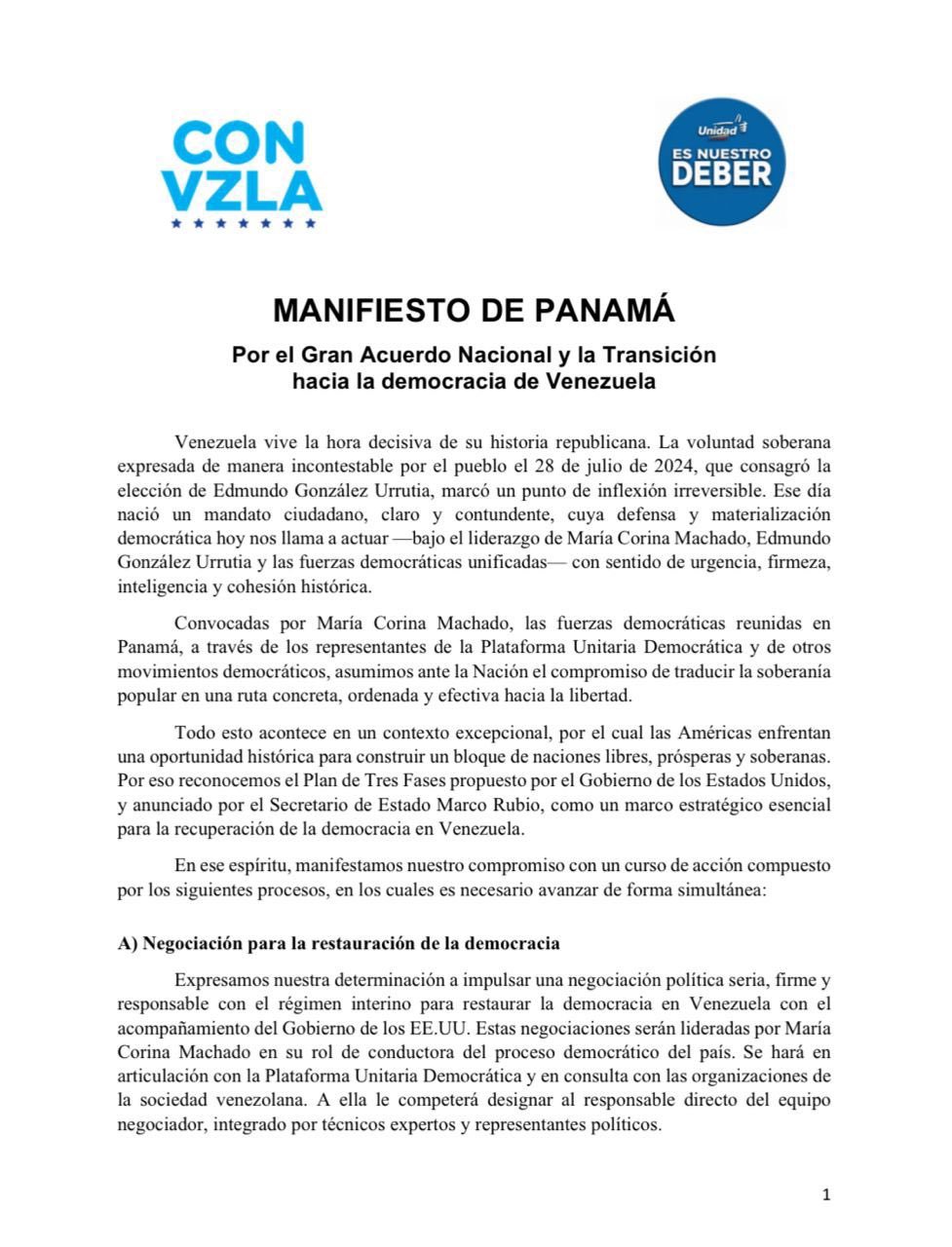 Manifiesto de Panamá, los puntos claves de la hoja de ruta de la oposición para lograr la libertad de Venezuela